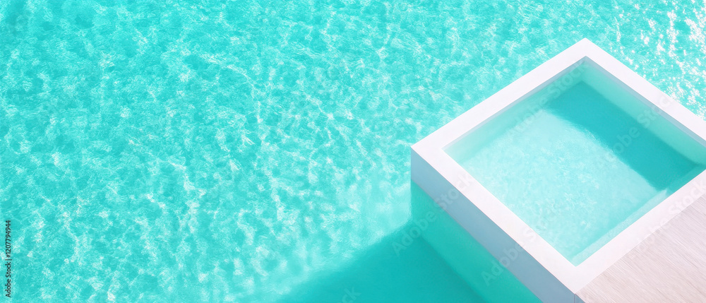 Fototapeta premium Aerial view of luxury infinity pool with turquoise water, creating serene and tranquil atmosphere. clear water reflects sunlight beautifully, enhancing relaxing vibe