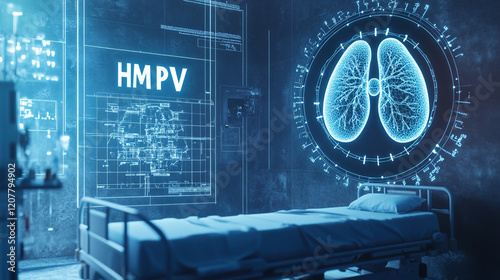 recently break out hmpv virus on blue background, Microscopic view of HMPV Human metapneumovirus viruses, Viral outbreak of Human metapneumovirus or hmpv detailed visualization of the virus structure.