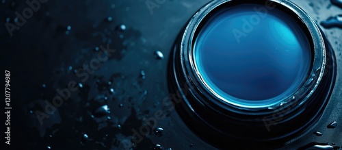 Close-up of a camera lens with water droplets on a dark background and Copy Space for text placement.