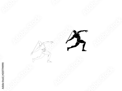A dynamic silhouette vector illustration of a javelin thrower in mid-action, showcasing the athlete's power and accuracy. vector illustration  line art black and white design.