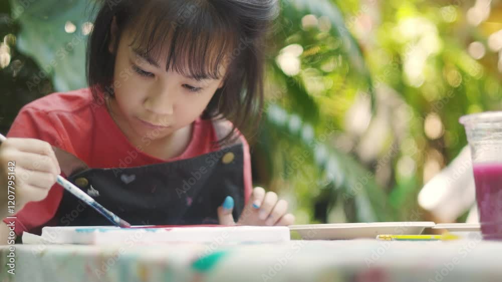 Asian young girl artist enjoys painting outdoors ,with vibrant brushes and a canvas on a wooden easel, the child expresses creativity through colorful strokes, blending art education and exploration. Asian young girl artist enjoys painting outdoors ,with vibrant brushes and a canvas on a wooden easel, the child expresses creativity through colorful strokes, blending art education and exploration.