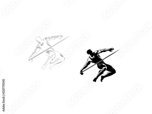A dynamic silhouette vector illustration of a javelin thrower in mid-action, showcasing the athlete's power and accuracy. vector illustration  line art black and white design.
