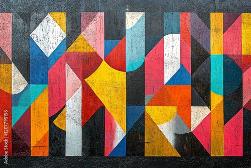 Vibrant geometric mural on concrete wall featuring bright colors and abstract...