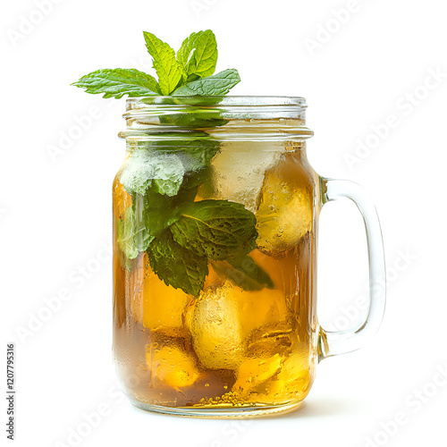 Iced green tea in mason jar with mint leaves, refreshing and vibrant