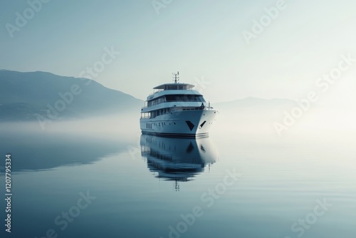 Luxury yacht resting on calm waters during early morning mist with a serene a...