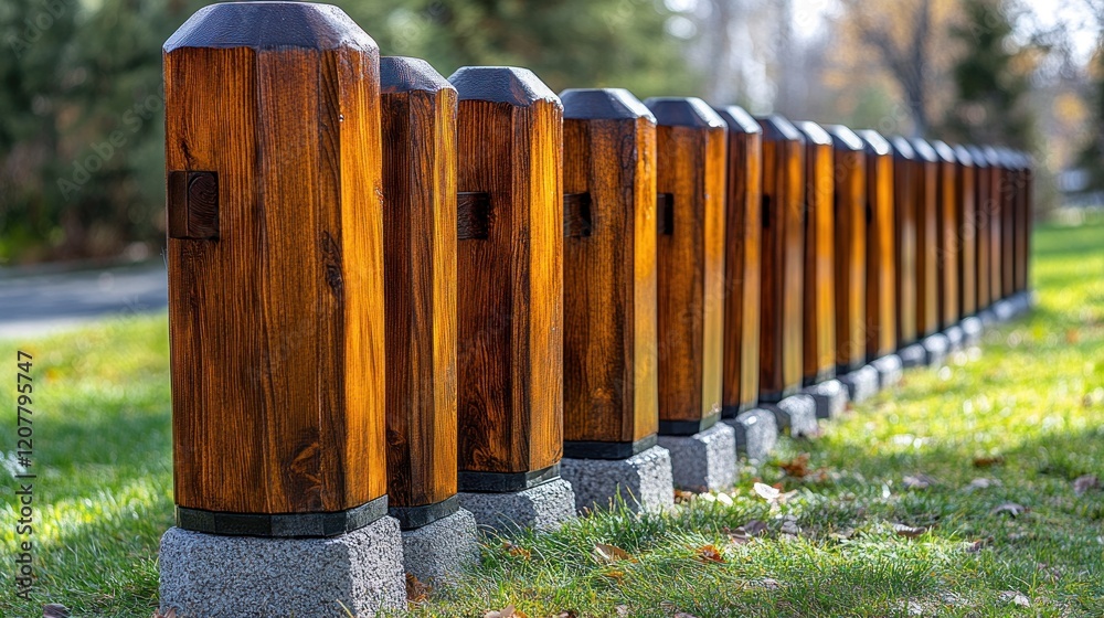 Fototapeta premium Row of dark brown wooden posts in a park.