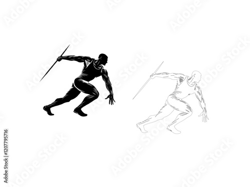 A dynamic silhouette vector illustration of a javelin thrower in mid-action, showcasing the athlete's power and accuracy. vector illustration  line art black and white design.