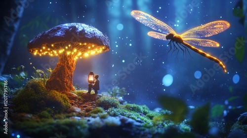Enchanting fairy mushroom and glowing dragonfly scene in a mystical night forest landscape  Magical whimsical and surreal digital art composite with vibrant colors sparkling lights and a serene