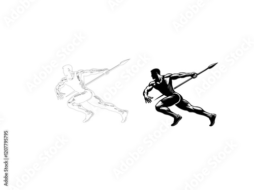 A dynamic silhouette vector illustration of a javelin thrower in mid-action, showcasing the athlete's power and accuracy. vector illustration  line art black and white design.