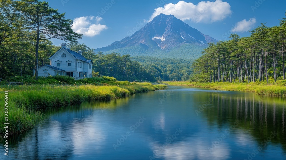 Fototapeta premium Serene Lakeside House with Majestic Mountain View
