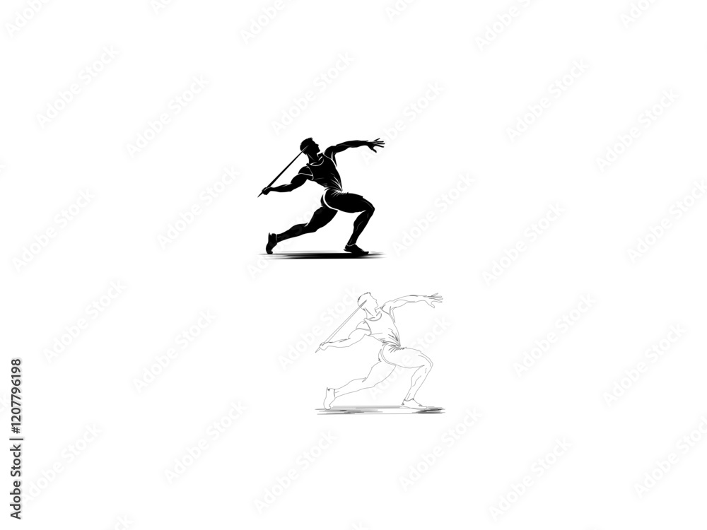 A dynamic silhouette vector illustration of a javelin thrower in mid-action, showcasing the athlete's power and accuracy. vector illustration line art black and white design. A dynamic silhouette vector illustration of a javelin thrower in mid-action, showcasing the athlete's power and accuracy. vector illustration line art black and white design.