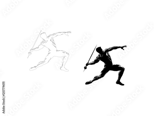 A dynamic silhouette vector illustration of a javelin thrower in mid-action, showcasing the athlete's power and accuracy. vector illustration  line art black and white design.