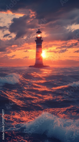 Stunning sunset behind a lighthouse illuminating the ocean waves at dusk