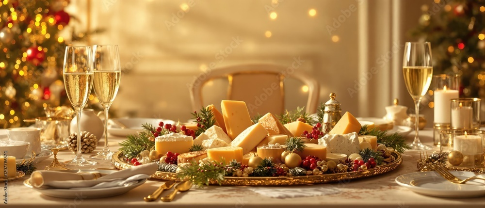 Christmas-themed table setting with wine glasses and cheese platter, festive, top view, celebration, delicious Christmas-themed table setting with wine glasses and cheese platter, festive, top view, celebration, delicious