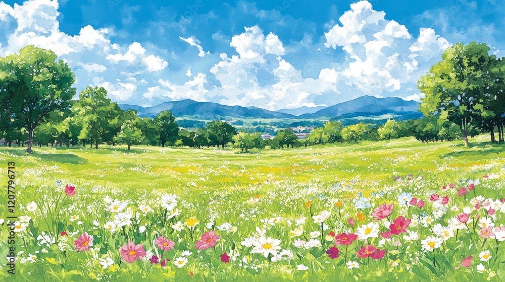 Serene Spring Meadow: Vibrant Wildflowers & Mountain View Watercolor Painting Serene Spring Meadow: Vibrant Wildflowers & Mountain View Watercolor Painting