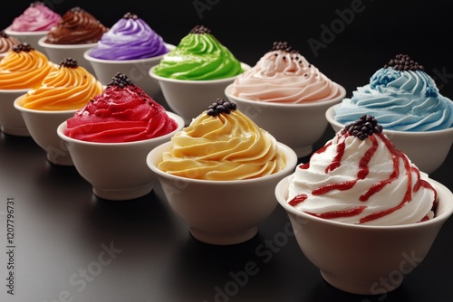 Colorful ice cream swirls in bowls arranged on a dark surface highlighting va...