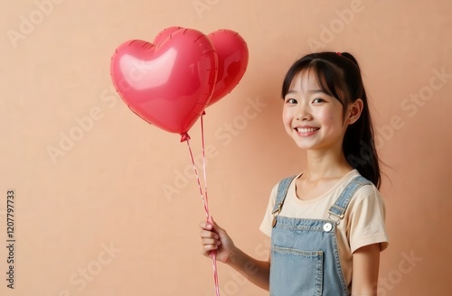 Portrait of cute asian girl with long hair holding heart shaped balloon on brown background. Perfect for valentine's day greetings. Space for text