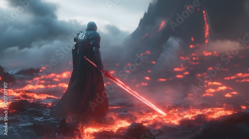 A knight bring mythical sword while standing on the lava plain photo