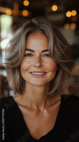 Confident Woman Smiling in a Cozy Cafe with Warm Lighting and Blurred Background