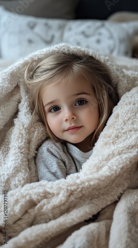 Child wrapped in cozy blanket gazes thoughtfully indoors during warm afternoo...