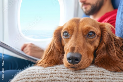 A dog relaxes on its owner's lap during a flight, enjoying the journey with a calm expression.