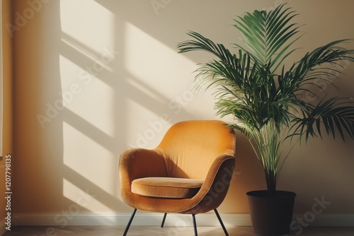 Cozy orange chair beside a green plant in a softly lit room with warm shadows
