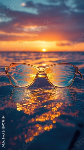 Serene sunset over the ocean the dramatic sky reflected in a pair of sunglasses resting on the shoreline  Peaceful tranquil scene evoking relaxation and contemplation