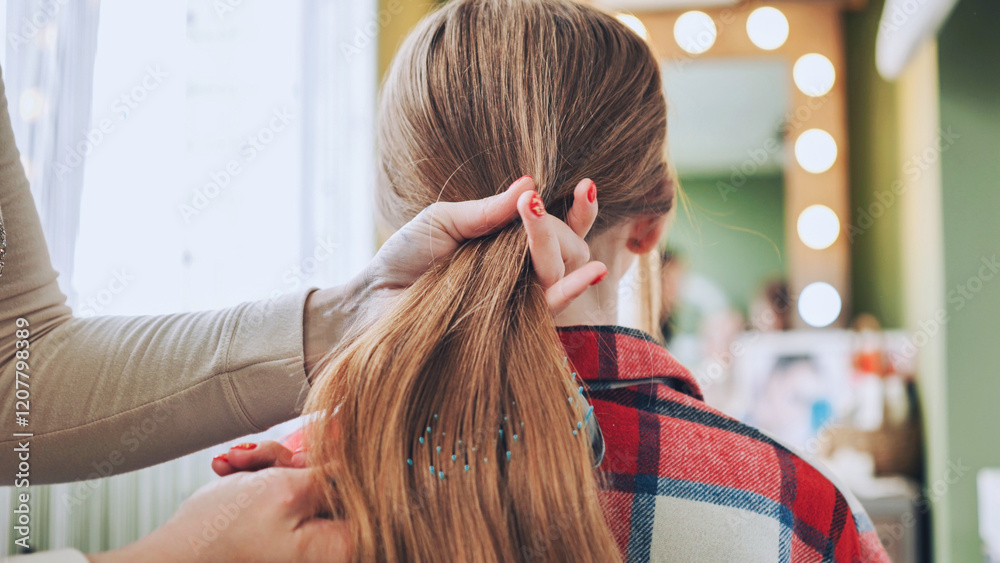 Naklejka premium Professional hairstylist styling sleek ponytail for blonde client in modern, well lit salon with reflective surfaces