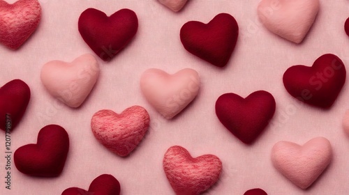Scattered Hearts in Warm Tones on Soft Pink Background