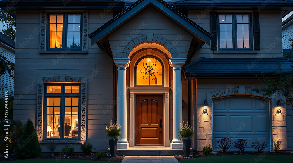 Luxury Home Exterior at Night: Modern Architecture and Elegant Design. A stunning view of a beautifully lit house at dusk, showcasing its architectural details and landscaping. Luxury Home Exterior at Night: Modern Architecture and Elegant Design. A stunning view of a beautifully lit house at dusk, showcasing its architectural details and landscaping.