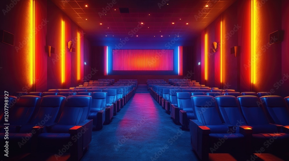 Fototapeta premium Neon-lit cinema auditorium, empty seats, movie screen