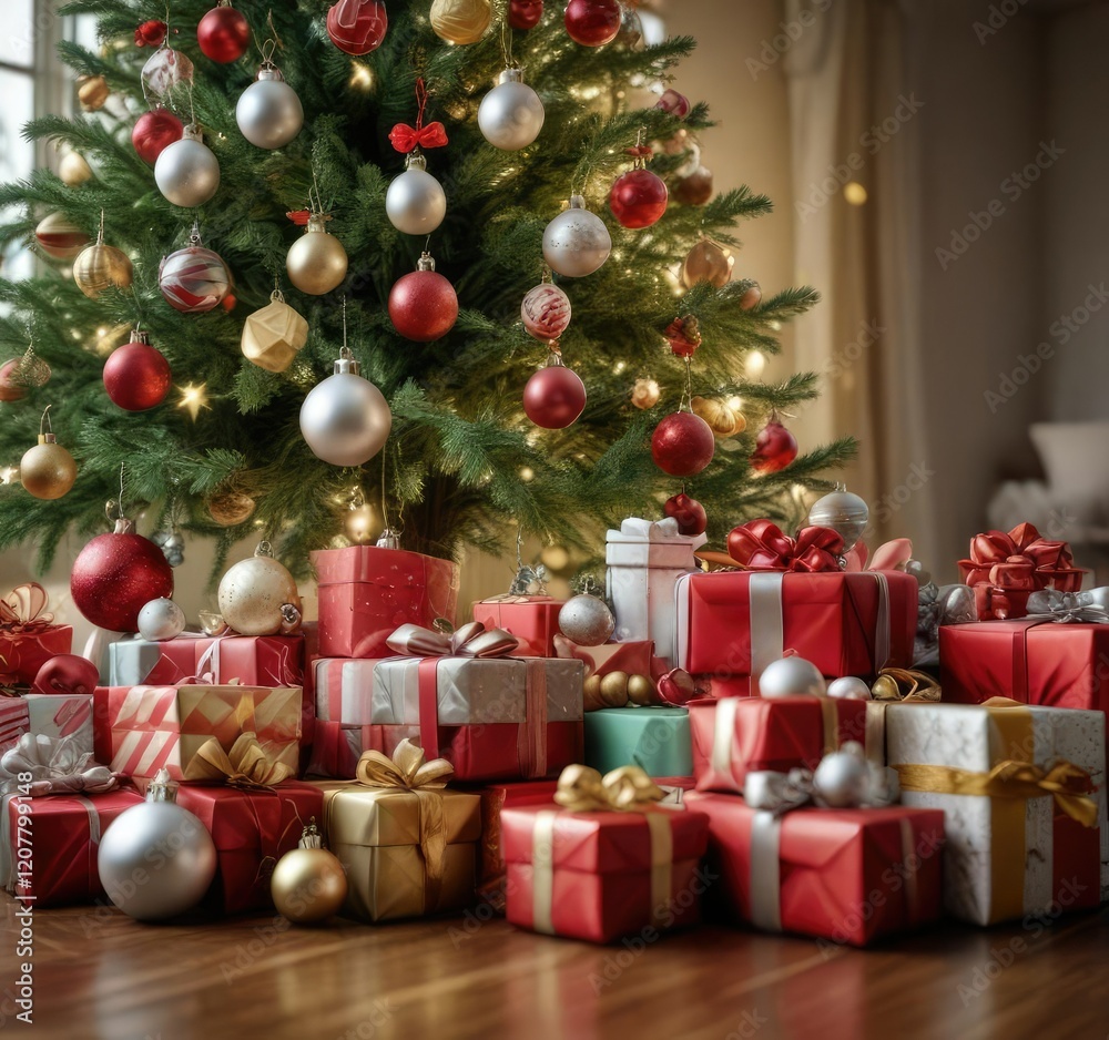 Christmas tree ornaments and presents piled high on a table, Gift wrapping, joyful arrangement, colorful ornaments Christmas tree ornaments and presents piled high on a table, Gift wrapping, joyful arrangement, colorful ornaments