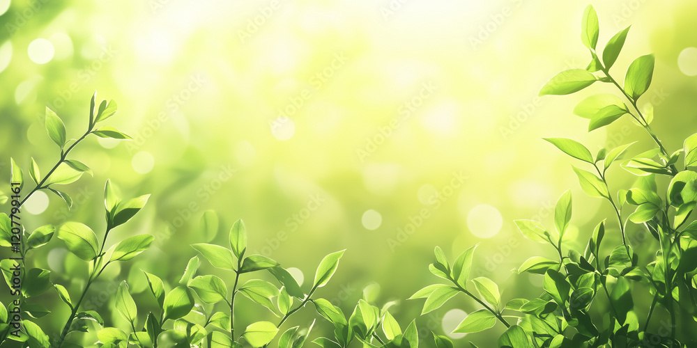 Summer background with green branches, soft bokeh Summer background with green branches, soft bokeh