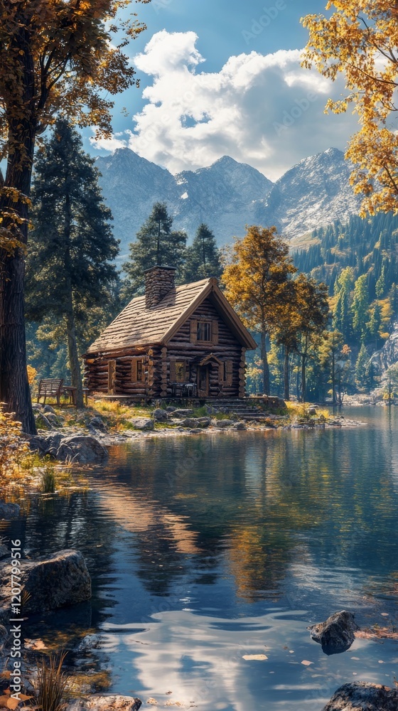 Fototapeta premium Cozy wooden cabin by the lake surrounded by mountains and trees during sunset in a serene landscape