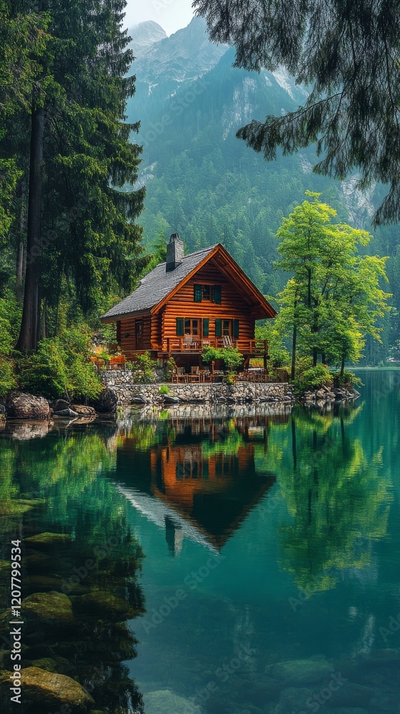 Fototapeta premium Cozy wooden cabin by the lake surrounded by mountains and trees during sunset in a serene landscape
