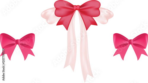 Pink Ribbon Bow Realistic shiny satin with shadow horizontal ribbon for decorate your wedding, greeting on white background.