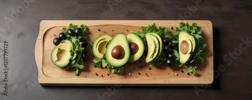 Avocado smash on a minimalist wooden plate with mixed greens and sliced olives , minimalism, simplestyle photo