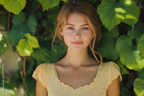 Captivating portrait of a young woman surrounded by lush tropical foliage in ...