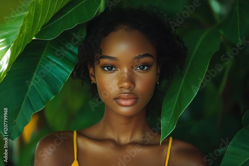 Captivating portrait of a young woman surrounded by lush tropical foliage in ...