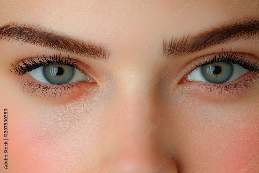 Fototapeta premium A woman with long brown hair and blue eyes. She has a light pinkish tint to her skin