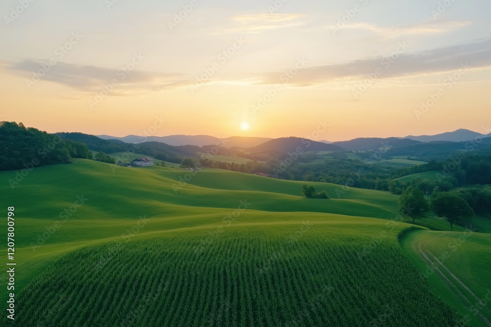 A beautiful sunset over a field of green grass. The sky is filled with clouds and the sun is setting in the distance A beautiful sunset over a field of green grass. The sky is filled with clouds and the sun is setting in the distance