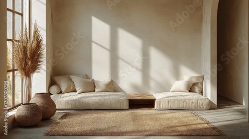 Modern living room design with autumn view through large windows