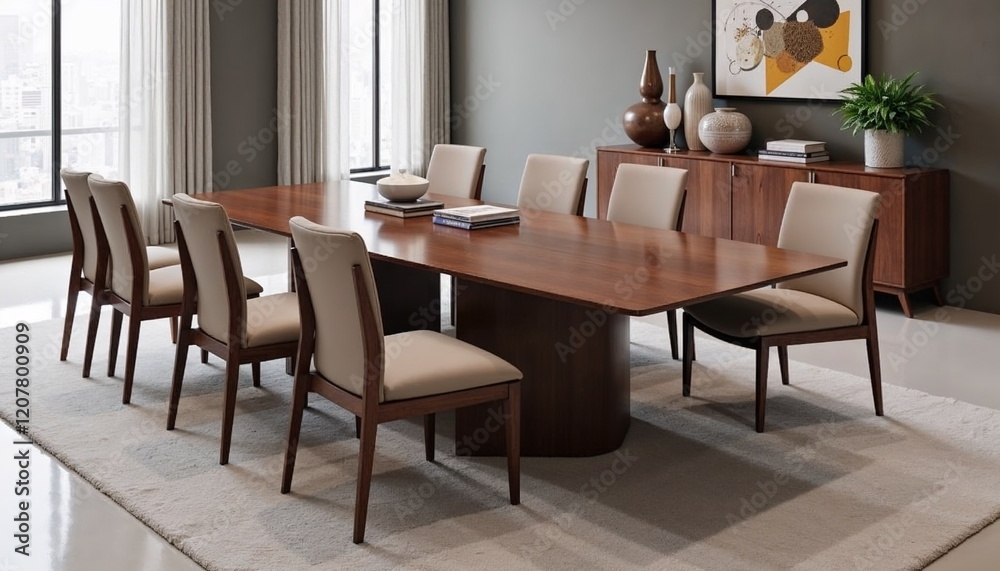 elegant dining room with mocha mousse wood furniture, modern interior design with large wooden table and upholstered chairs elegant dining room with mocha mousse wood furniture, modern interior design with large wooden table and upholstered chairs