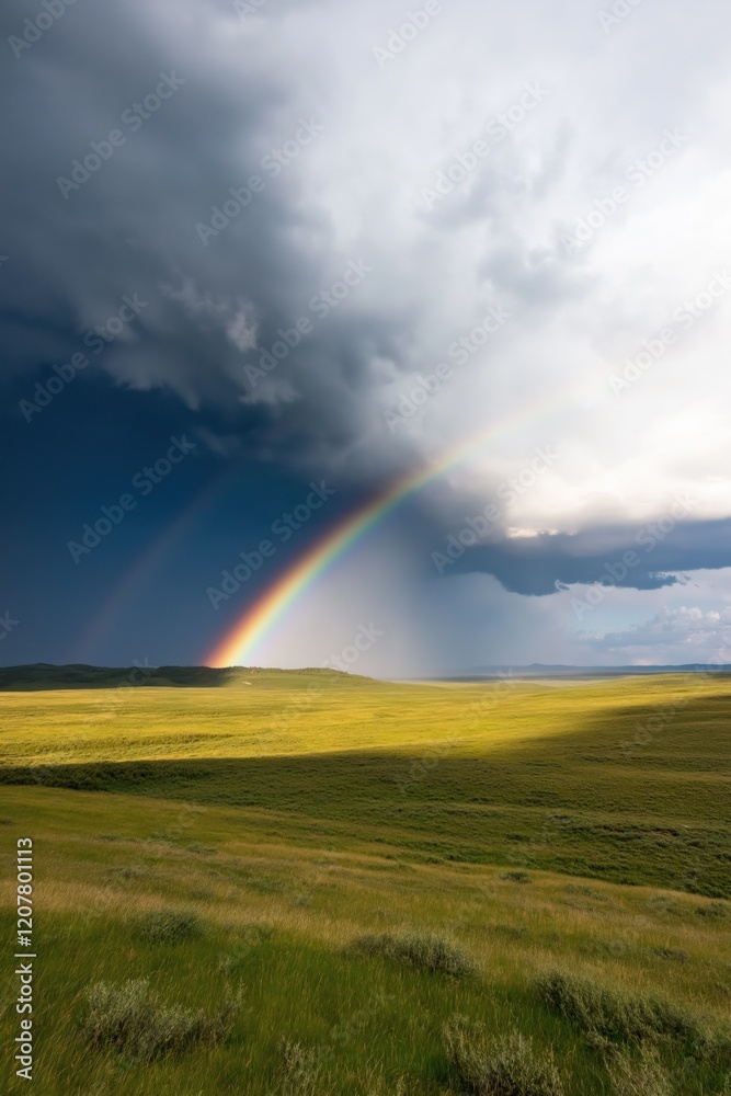 A rainbow is seen in the sky above a field of grass. The sky is cloudy and the sun is not visible. Scene is peaceful and serene, as the rainbow is a symbol of hope and beauty A rainbow is seen in the sky above a field of grass. The sky is cloudy and the sun is not visible. Scene is peaceful and serene, as the rainbow is a symbol of hope and beauty
