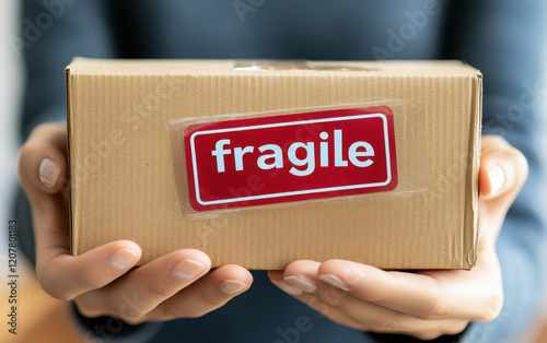 close up of person hands holding parcel with fragile label, emphasizing care and attention. image conveys importance of handling delicate items with caution