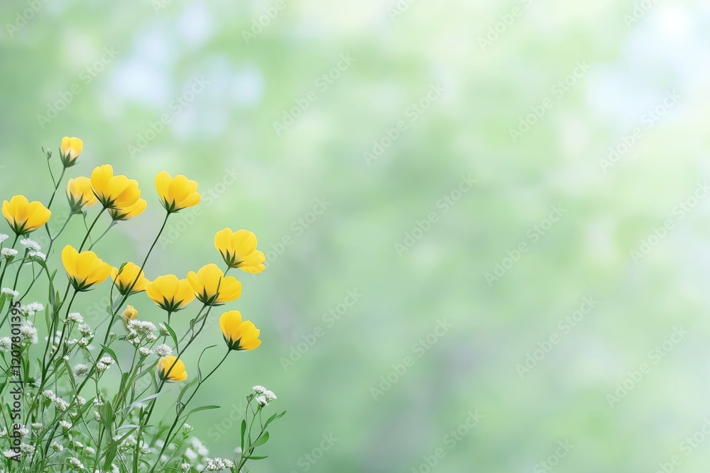 Obraz premium A field of yellow flowers with a green background. The flowers are in full bloom and the background is a mix of green and blue. Concept of peace and tranquility