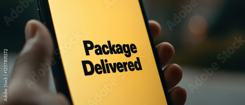 Close up of hand holding smartphone displaying bright yellow screen with bold text saying Package Delivered, symbolizing successful delivery