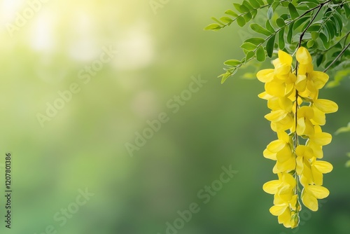 A yellow flower is hanging from a tree branch. The background is green and the sun is shining on the flower