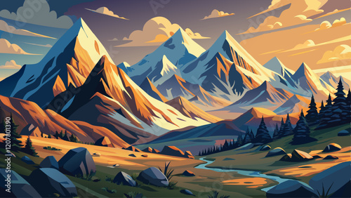 Embrace the majestic beauty of alpine landscapes, where snow-capped peaks and rugged terrain create a breathtaking panorama of mountainous grandeur. Illustration, Image, , Minimalism,