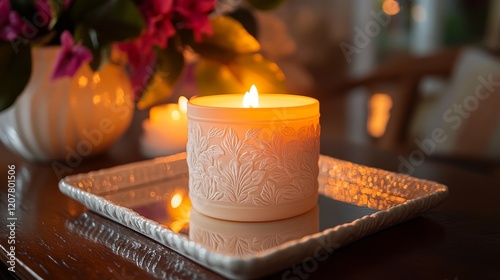 Cozy evening atmosphere with a lit decorative candle and blooming flowers
